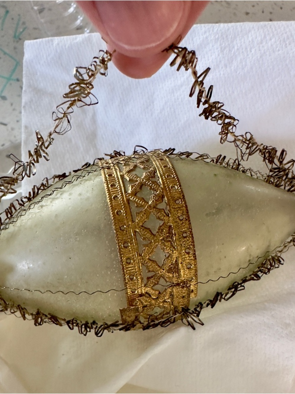 RARE Victorian Pale Green Mercury Glass Holiday Ornament with Gold Filigree wire